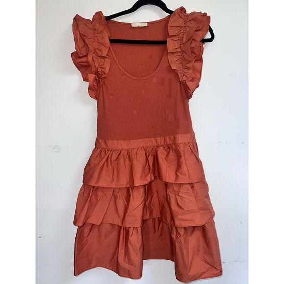ULLA JOHNSON Hanna Tiered Ruffle Mini Dress Size 10 Women’s in Burnt Orange - Picture 5 of 12